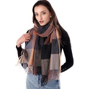 Women Brown Plaid Winter Warm Shawl Wraps Tartan Blanket Oversized Scarves
